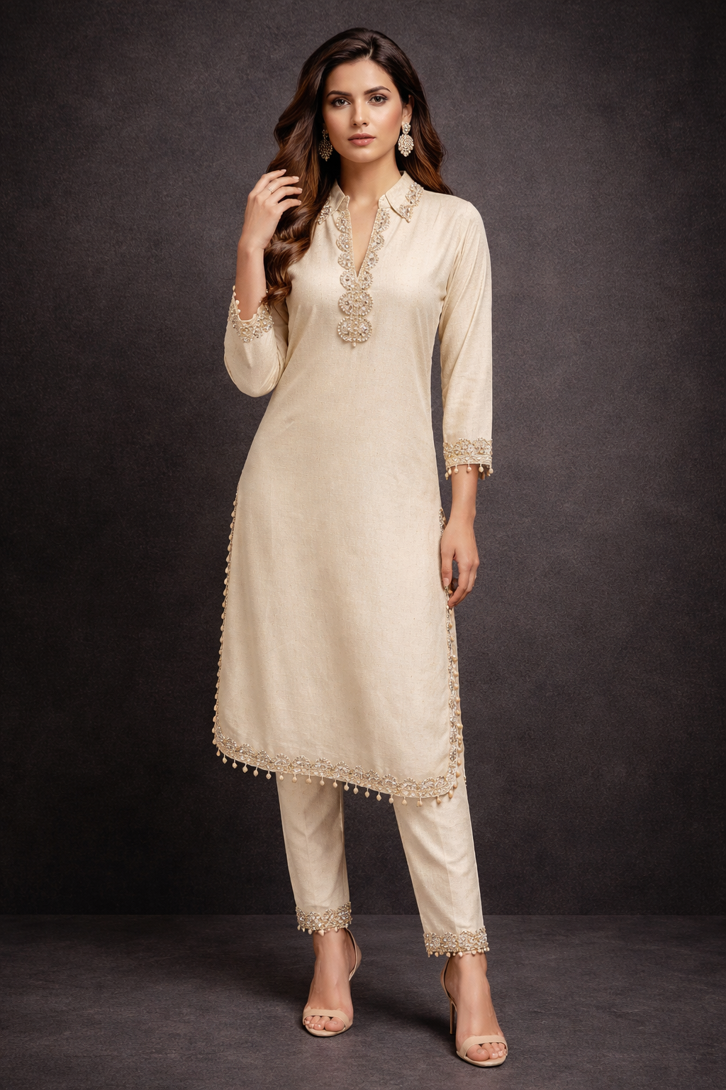 Women's Embroidered Linen Cotton Kurta Pant Set